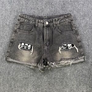 NEW Romwe Black Distressed Denim Shorts Skull Patch Ripped Fray Hem Women Medium